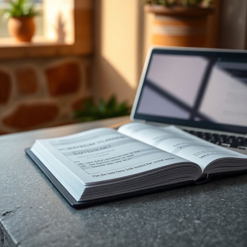 Otvorena poslovna knjiga i laptop na kamenom stolu